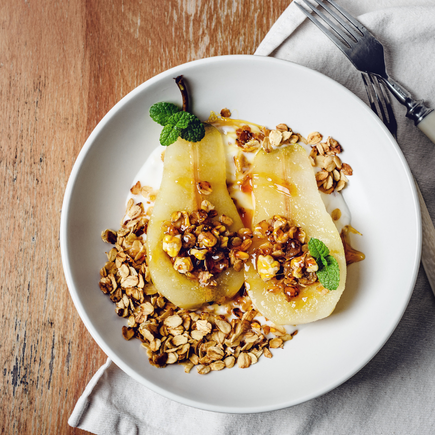 Poached Pears with Granola and Greek Yogurt