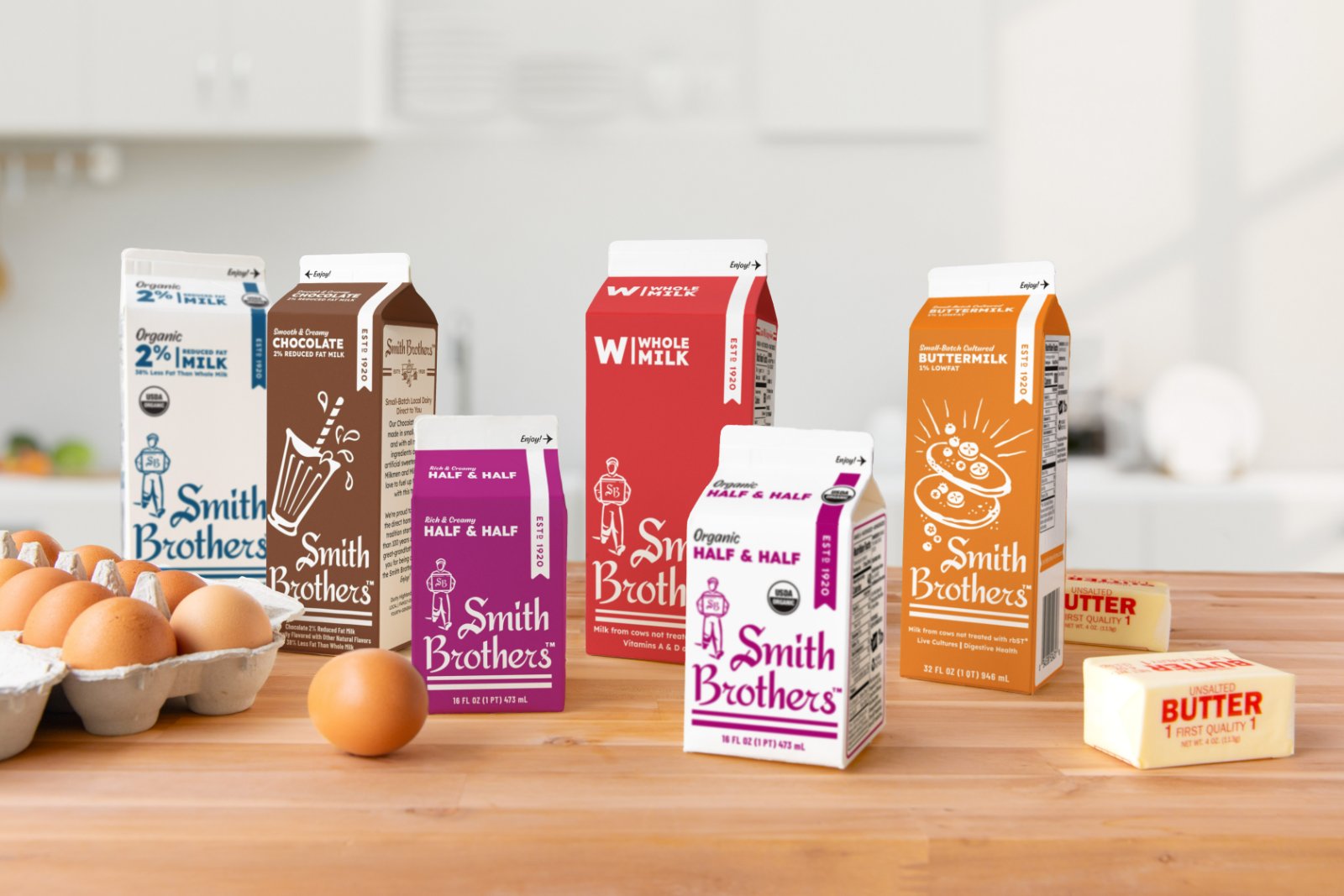 Smith Brothers milk carton lineup on a kitchen counter
