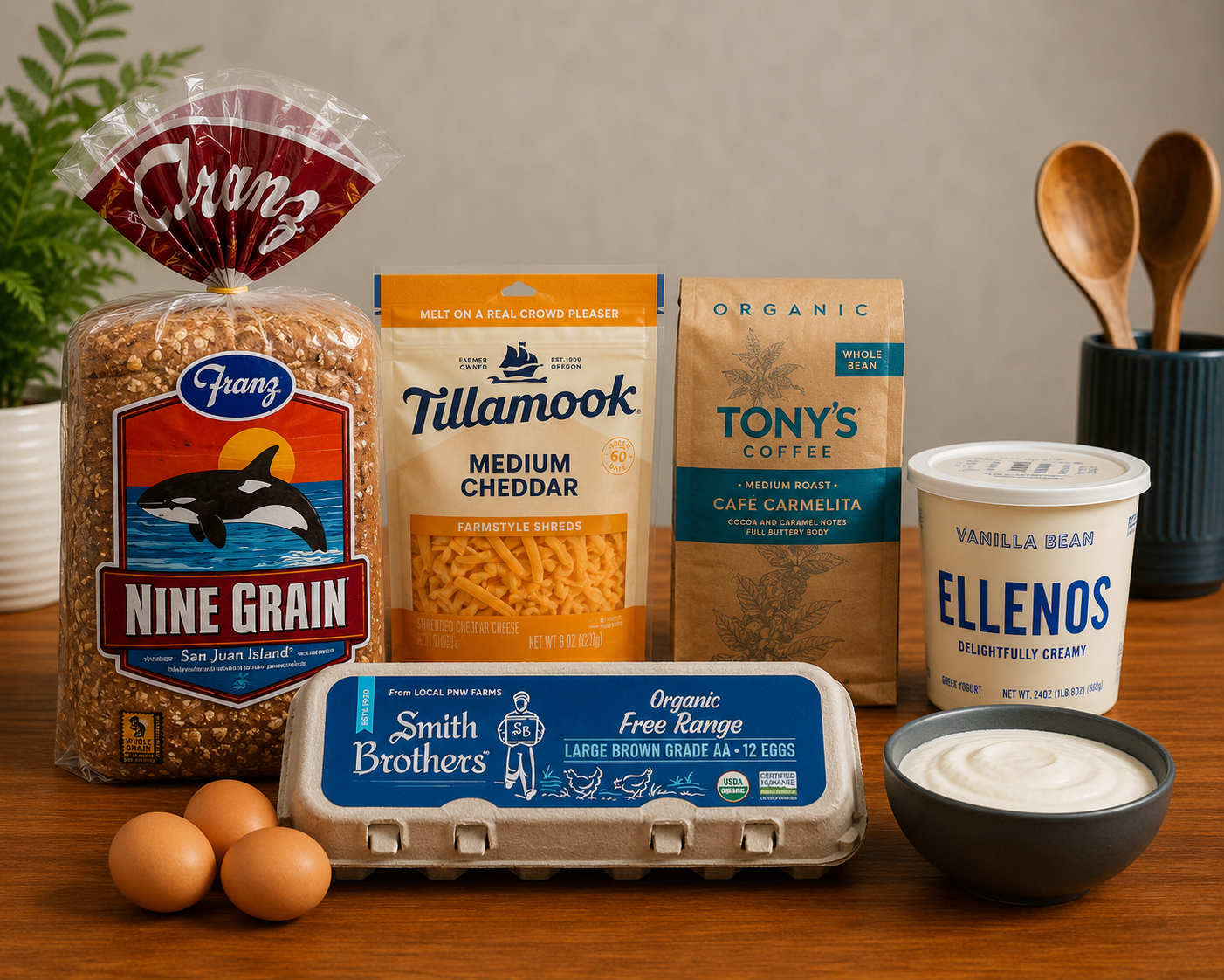 Local Washington and Oregon grocery favorites: Franz bread, Tillamook cheese, Tony's coffee, Smith Brothers eggs, and Ellenos yogurt