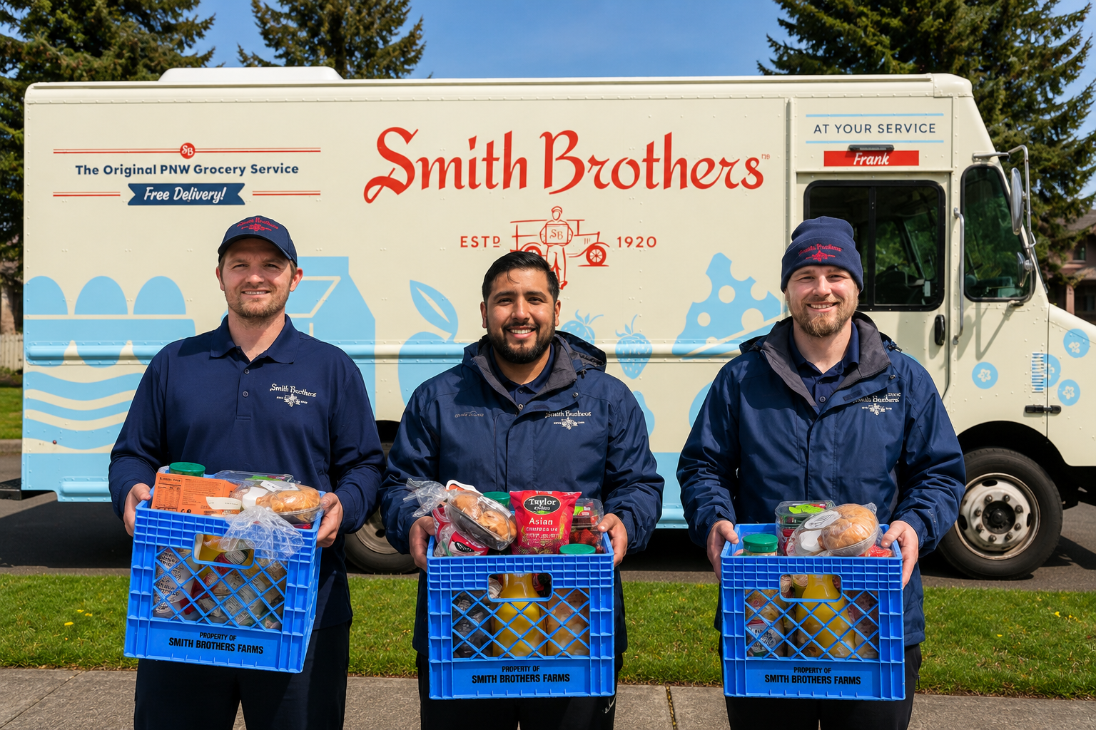 Three Smith Brothers Farms delivery drivers holding milk crates in front of a delivery truck