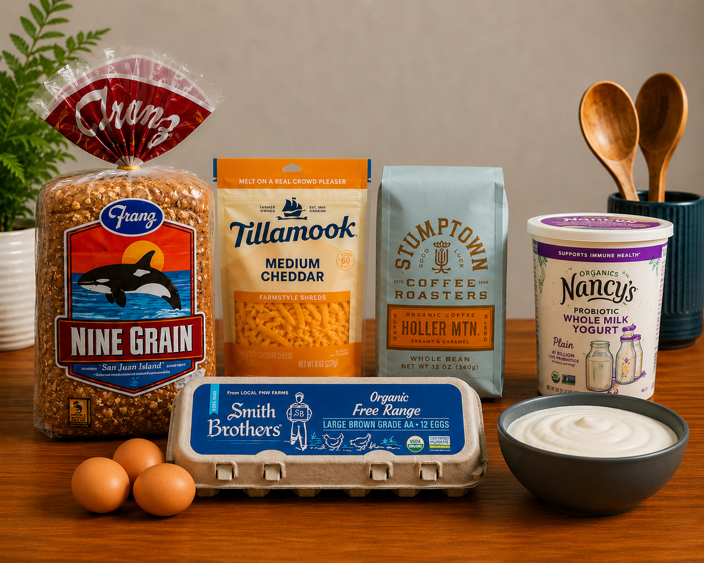 Local Oregon and Washington grocery favorites: Tillamook cheese, Stumptown coffee, Alpenrose chocolate milk, Franz bread, and Nancy's yogurt