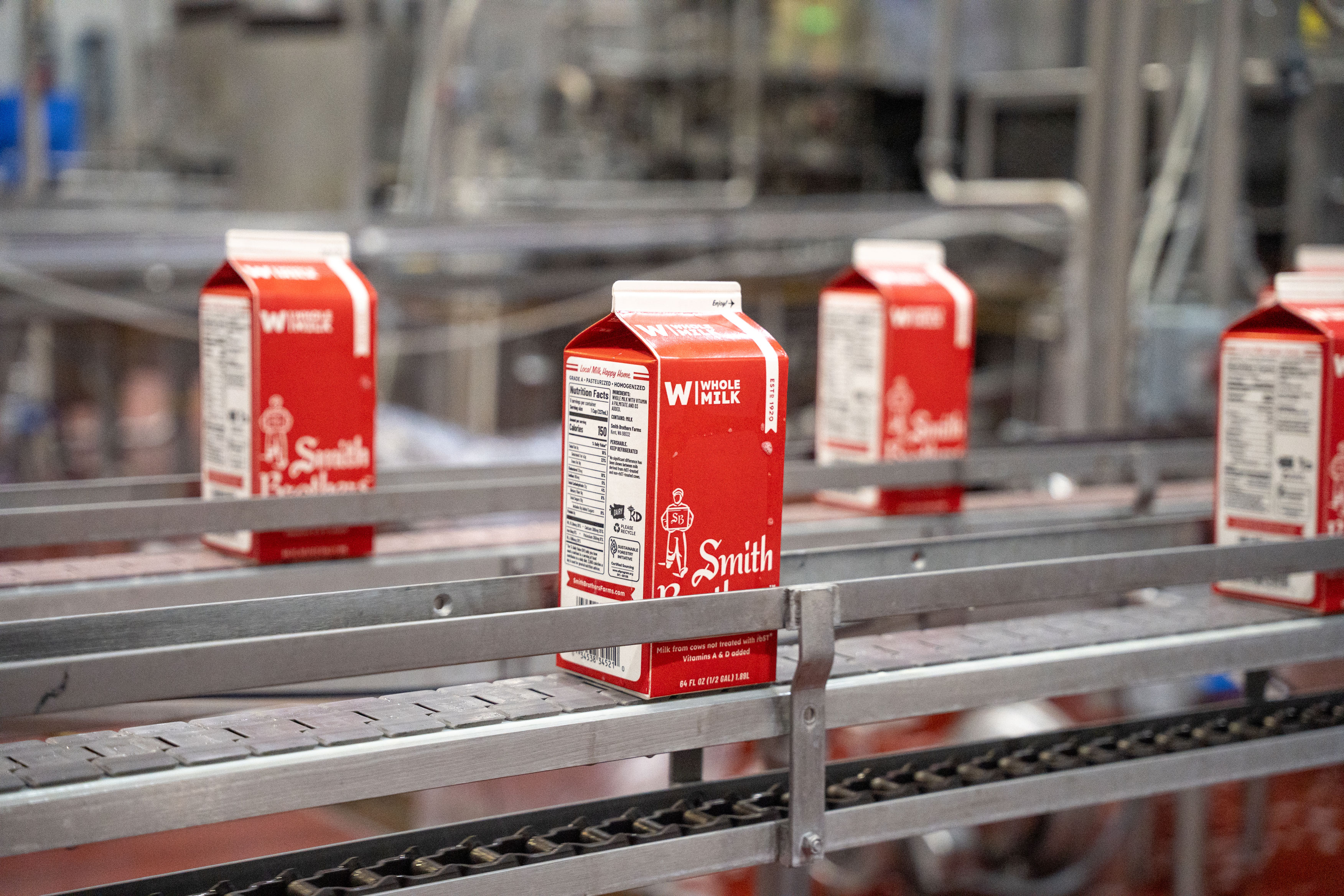 Smith Brothers Farms milk cartons on the processing line