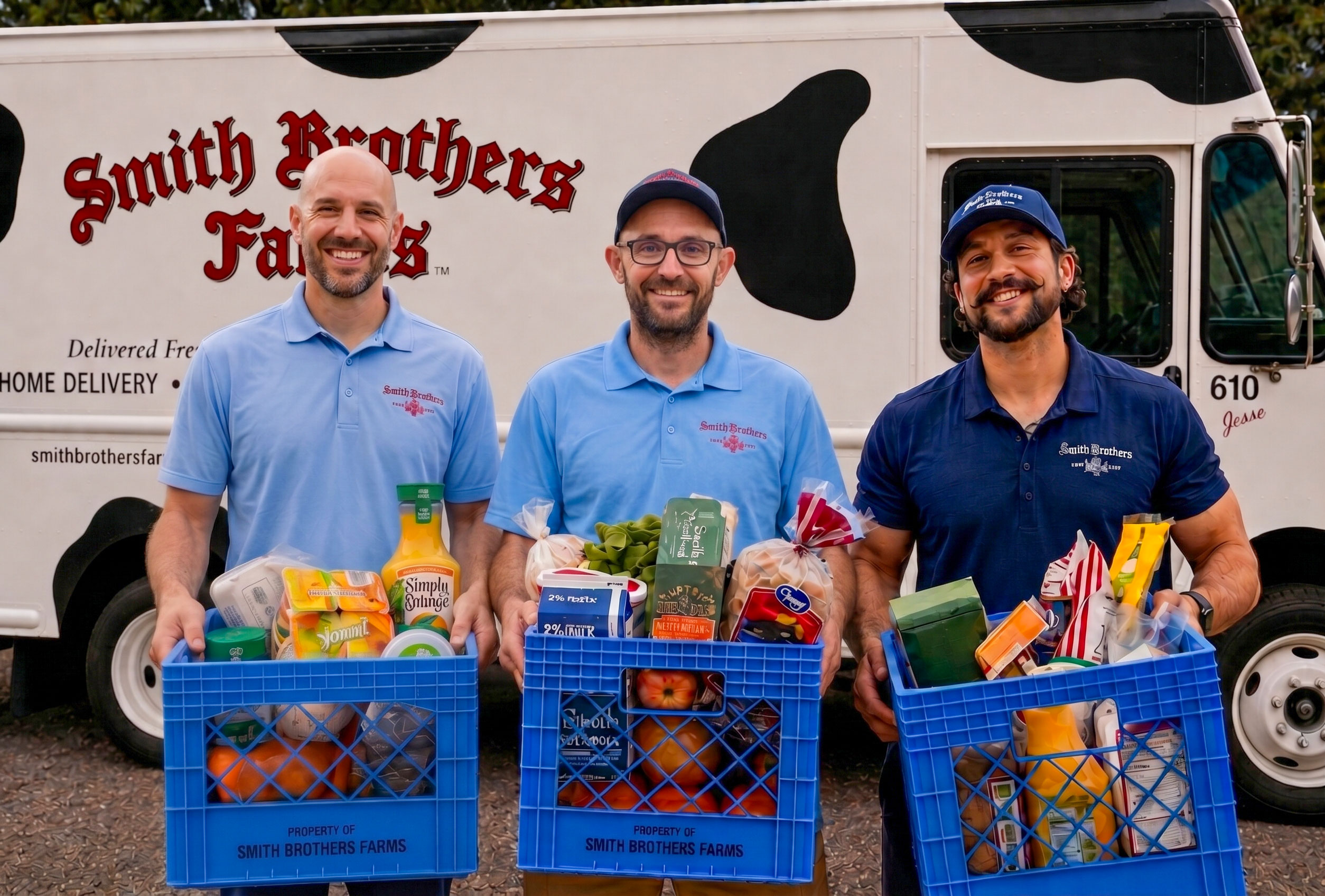 Three Smith Brothers Farms delivery drivers holding milk crates in front of a delivery truck