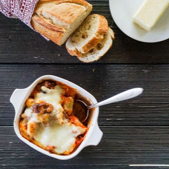 Baked gnocchi with Italian meatballs